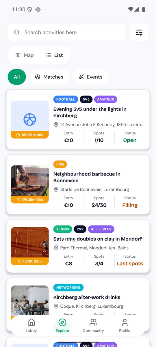 Explore list: nearby matches and events with price, spots and status