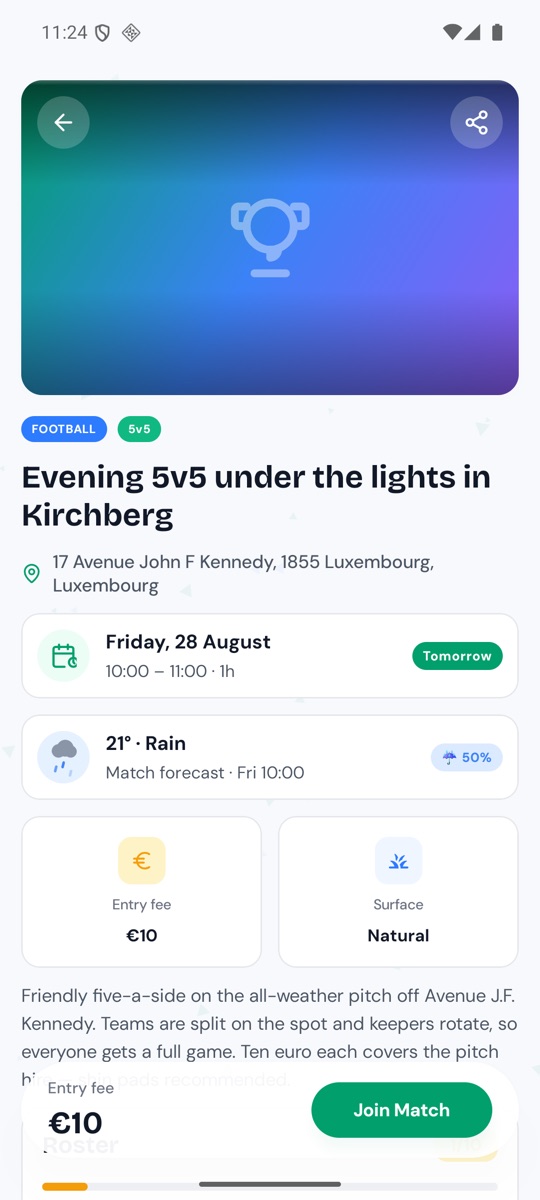 Match details: date, weather forecast, entry fee and a Join Match button